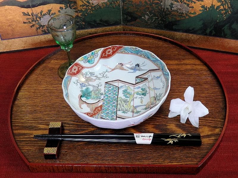 古伊万里 色絵 屏風図に双鶴の図 膾皿 5枚 D299AS-fbty