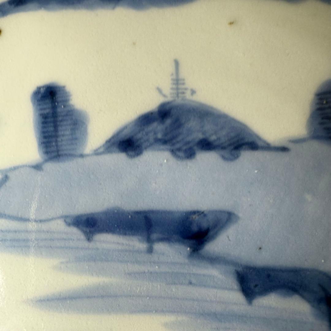 古伊万里　染付風景画輪花皿　十枚　墨弾き　ケーキ皿　デザート皿　古民家カフェ