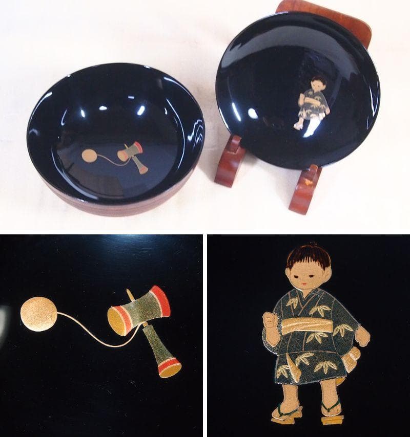 【未使用】輪島塗 童蒔絵 煮物椀 5客 千筋木地呂塗 雑煮椀/大椀 信斎/松斎