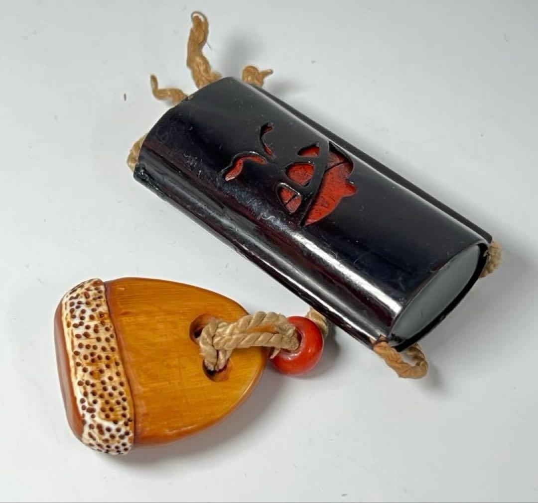 江戸時代　蒔絵印籠、根付　55g / M--22