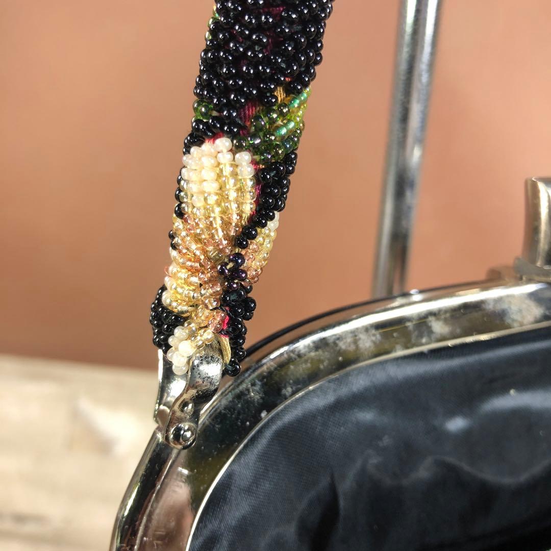 昭和ロマン　がま口　花柄刺繍 ビーズハンドバッグ 黒