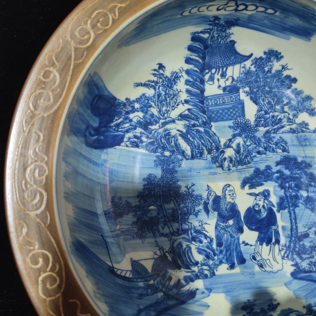 時代物 旧蔵 清国 大型 青花瓷 山水人物図 お皿 陶器 置物