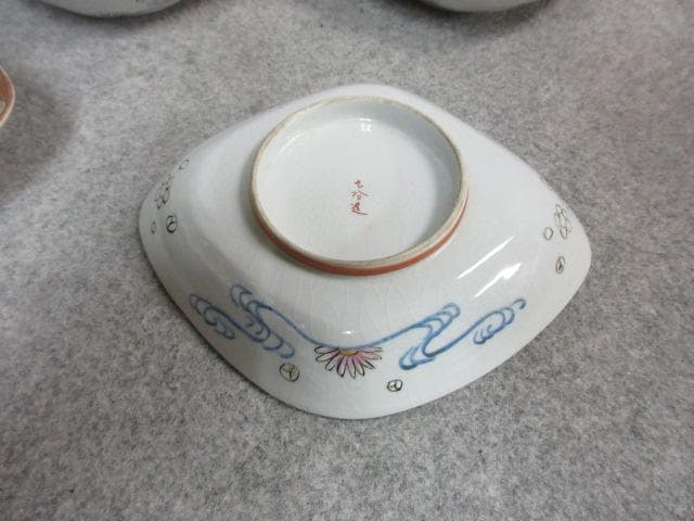 九谷焼 色絵 菱形皿 5枚 [B23055] 月夜鵜飼 小皿 古玩 古美術