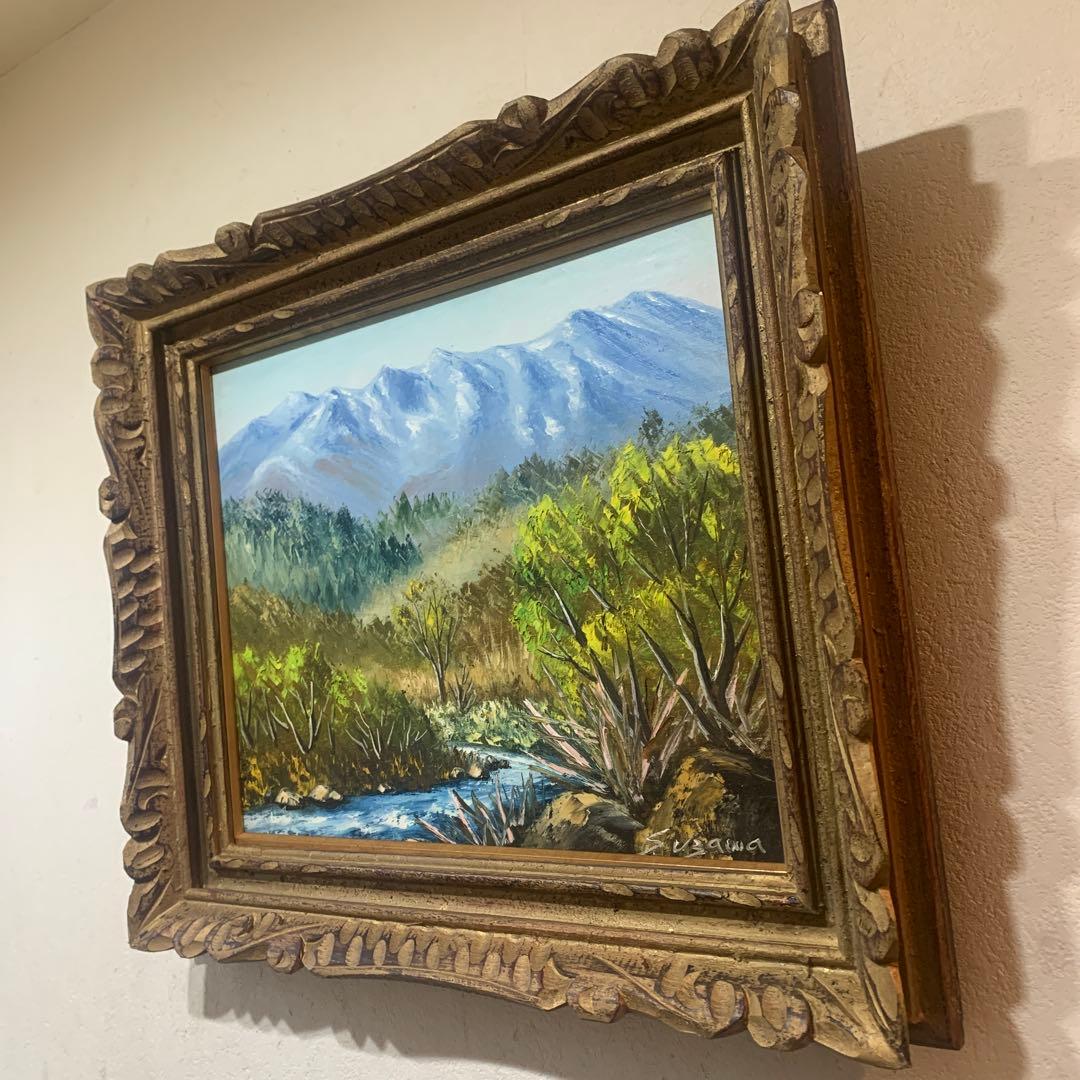 絵画　油彩肉筆画　『末川と木曾御岳　羽沢清水』アンティーク