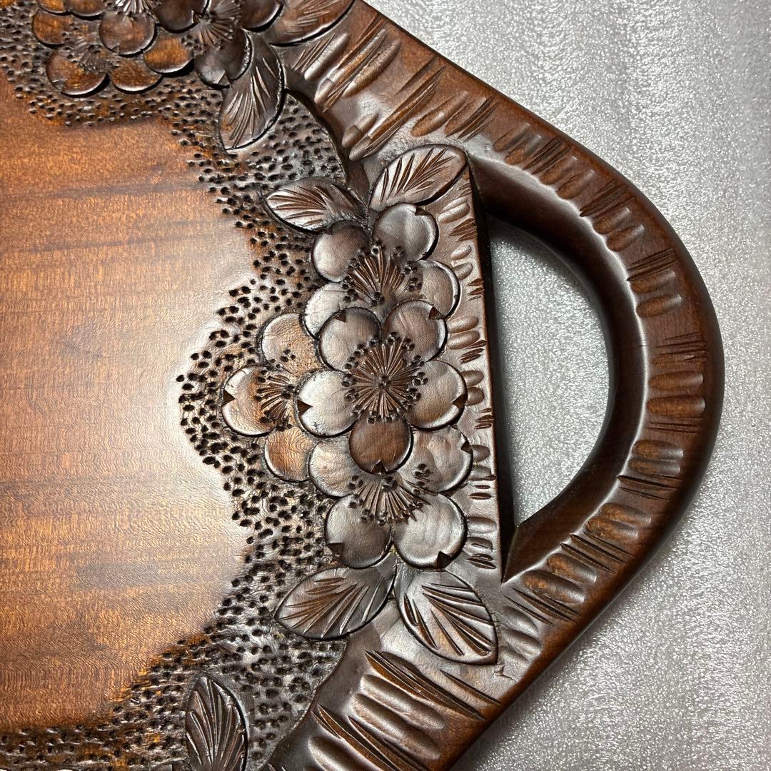 軽井沢彫 手付き盆 桜彫刻