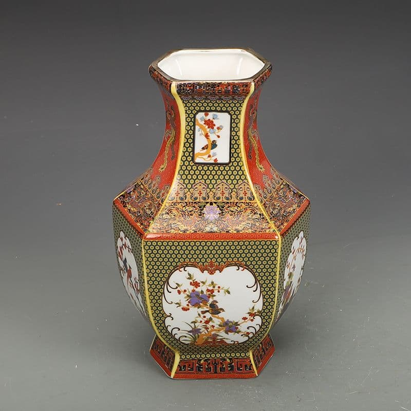 清雍正蒔金花鳥六方瓶 景徳鎮 陶磁器 装飾品 現代工芸品 美術品 置物