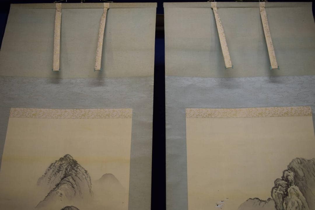 真作/石野龍山/山水屋形舟図/絹表装/双幅/布袋屋掛軸HH-877