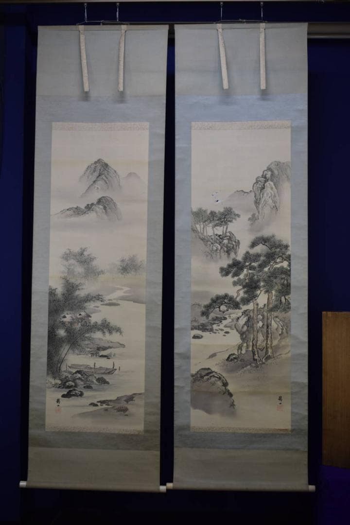 真作/石野龍山/山水屋形舟図/絹表装/双幅/布袋屋掛軸HH-877