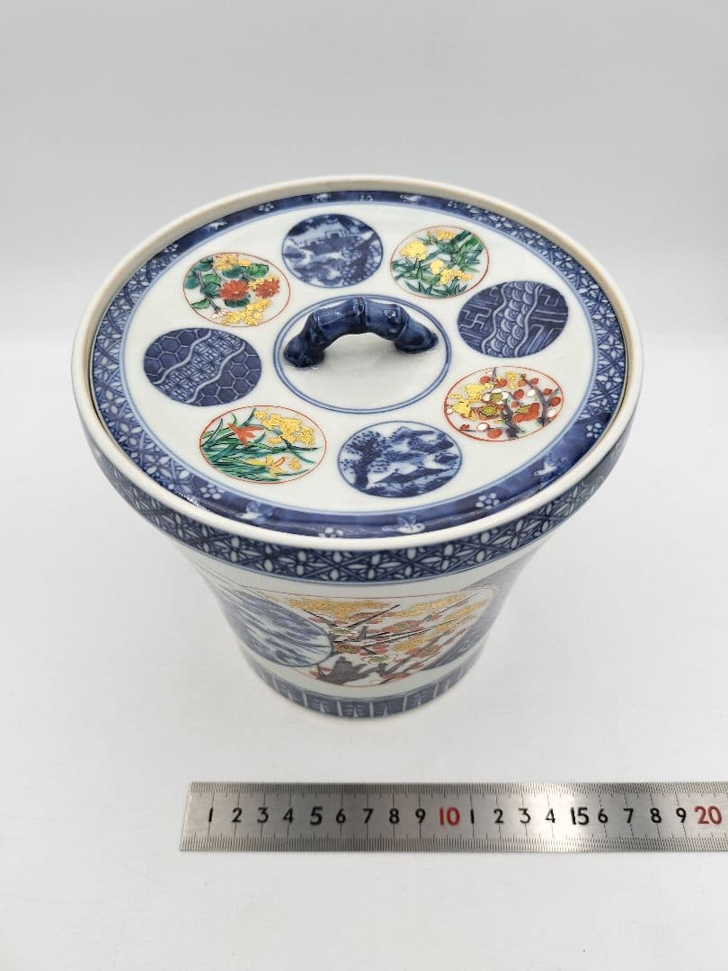 b618 水指 染付 色絵 丸紋ツナギ 四君子紋 西村徳泉 木箱 茶道具