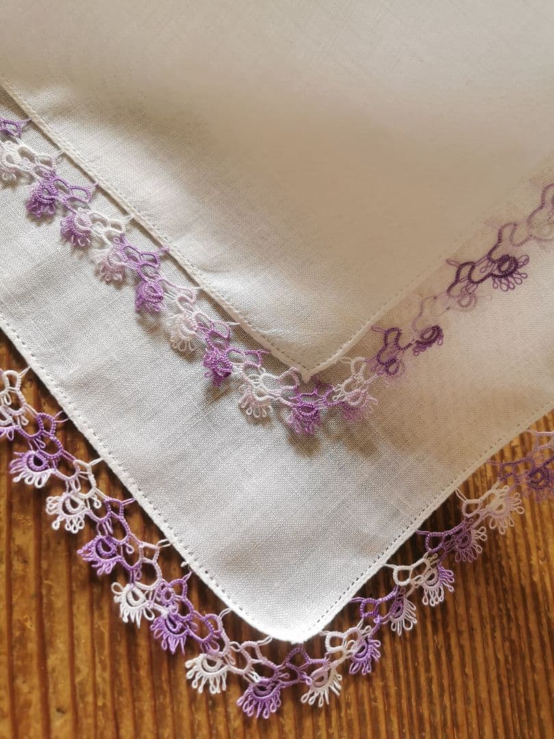 アンティーク タティングレース編装飾 天然リネンクロス ラベンダー