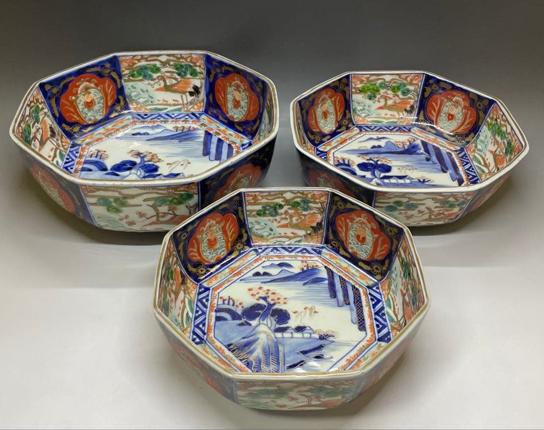 古伊万里　染錦　二重高台　三つ丼　鉢　飾り鉢　D132