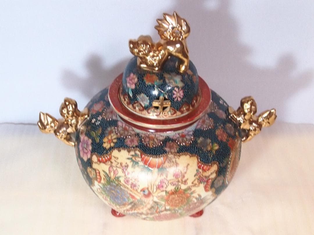 【希少・良品】薩摩焼 青粒金彩 花鳥図 大香炉 陶磁器 古道具/茶道具/香道具