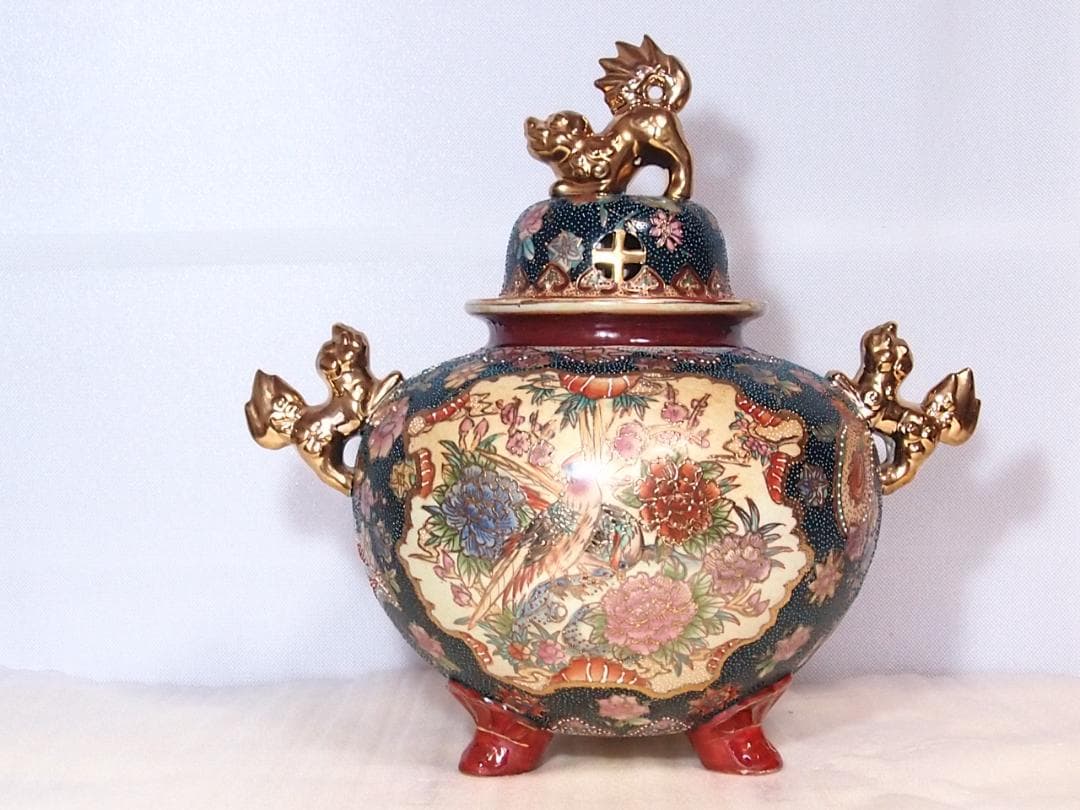 【希少・良品】薩摩焼 青粒金彩 花鳥図 大香炉 陶磁器 古道具/茶道具/香道具