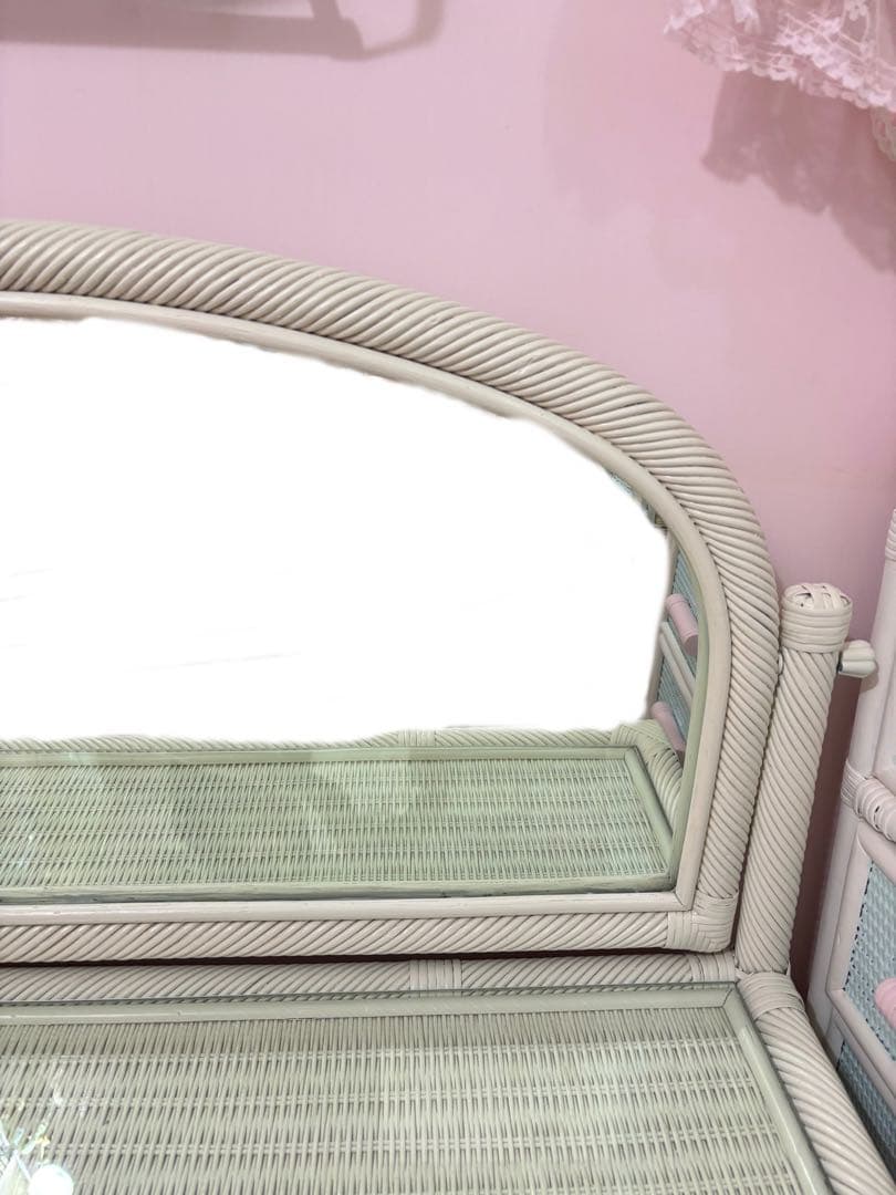 昭和レトロ×天然素材】籐製ミラー付きドレッサー＆スツールセット