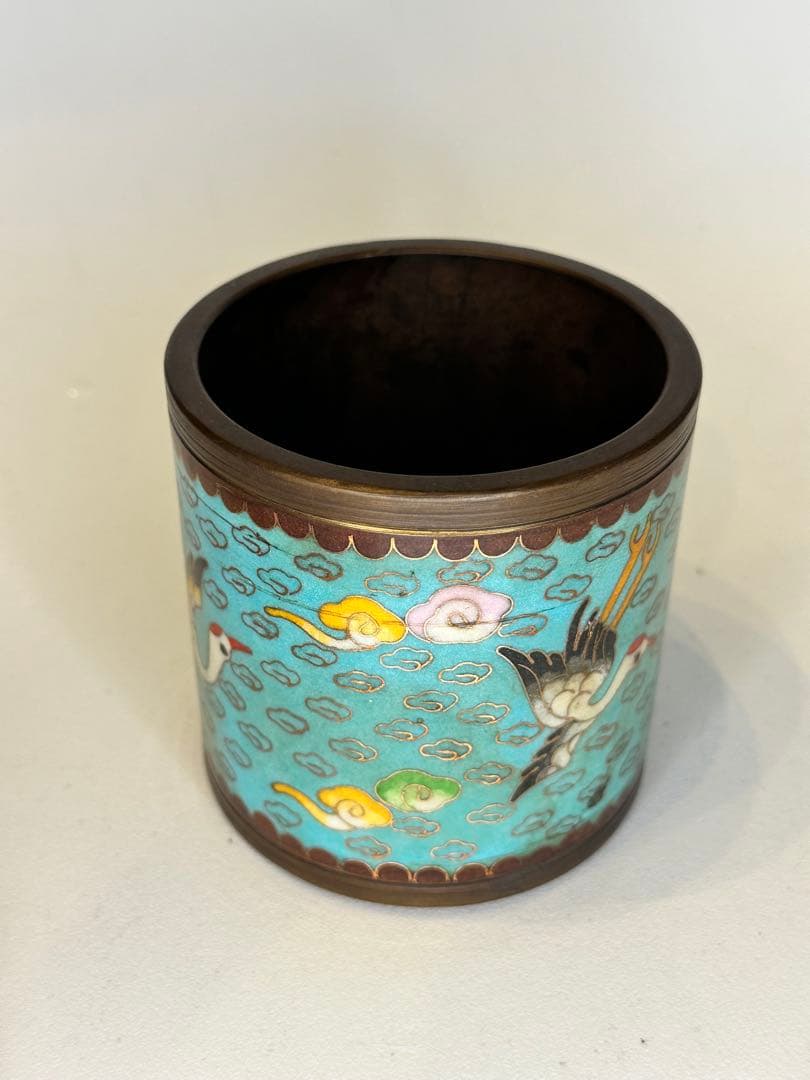 中国 清代 乾隆年制 底款 七宝焼き（景泰蓝）銅製香炉 骨董品 仙鶴と雲文装飾