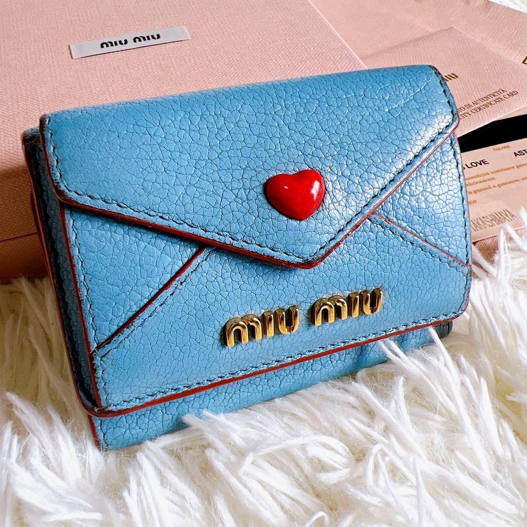 ミュウミュウ 三つ折り財布 マドラス パール ビジュー リボン