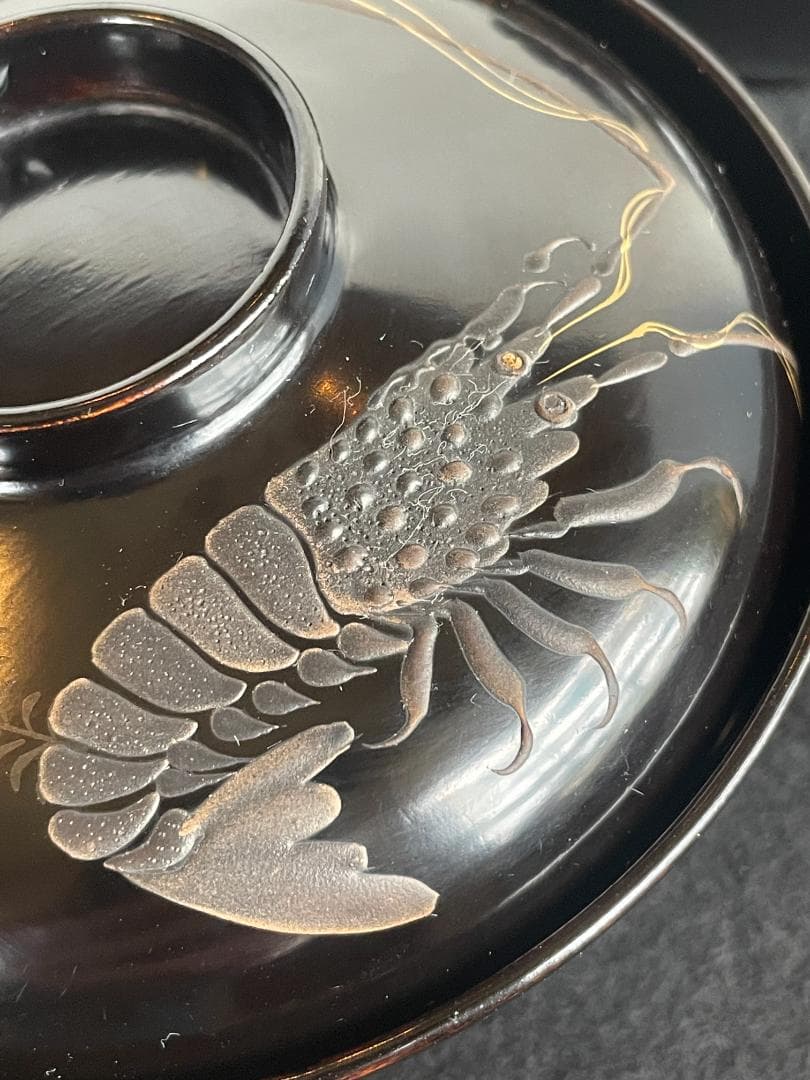 清流椀 吸物 雑煮 5客 黒 漆 海老 金彩 本金 磨き 蒔絵 骨董美品