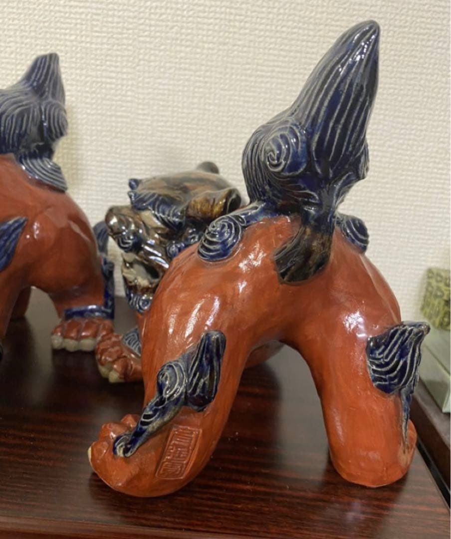 琉球 沖縄壺屋焼赤絵陶器獅子威嚇 魔除けシーサ置物作家物 2點