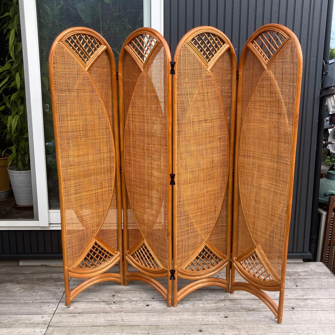 間仕切り/衝立/ラタン家具/4連/昭和レトロ/パーテーション