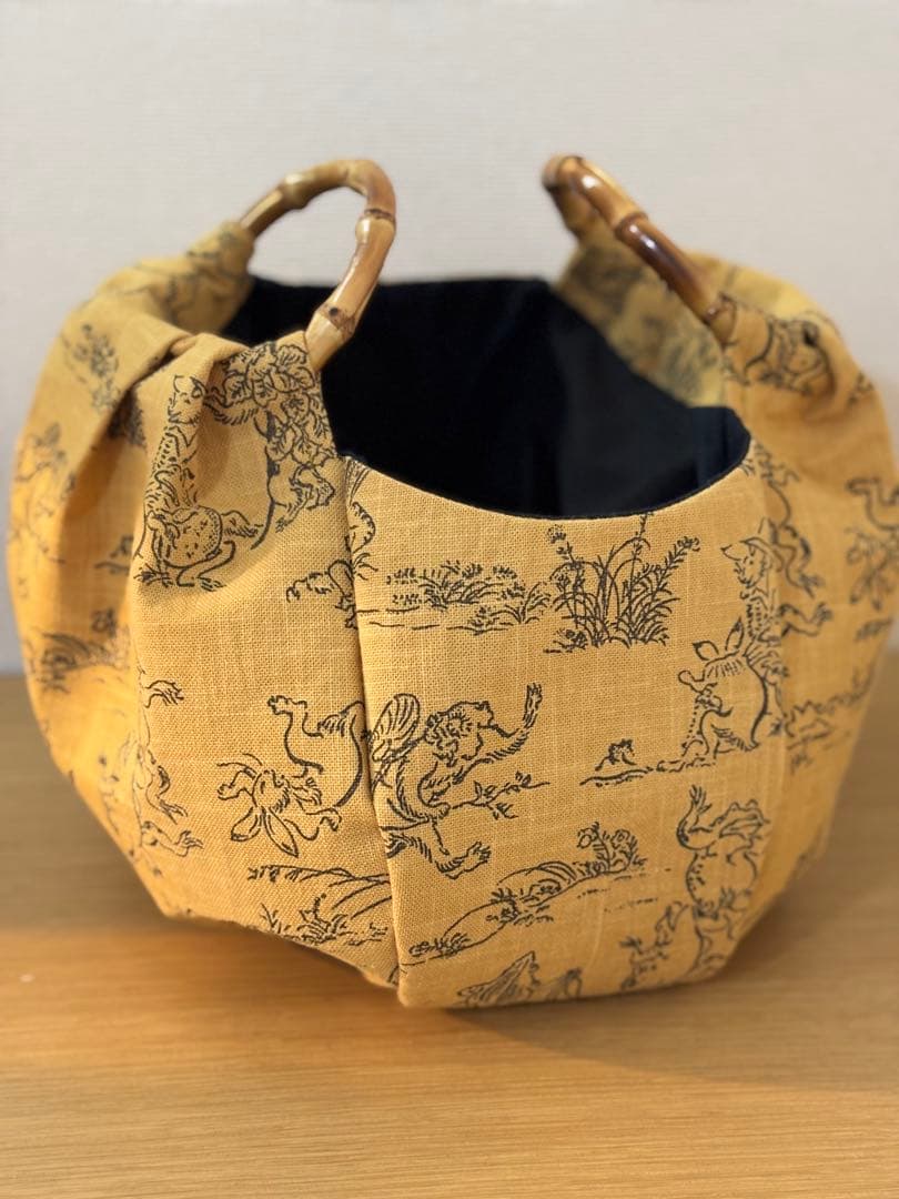 和装バック　着物バック　和柄コットン生地・鳥獣戯画（からし色）入学卒業結婚式振袖