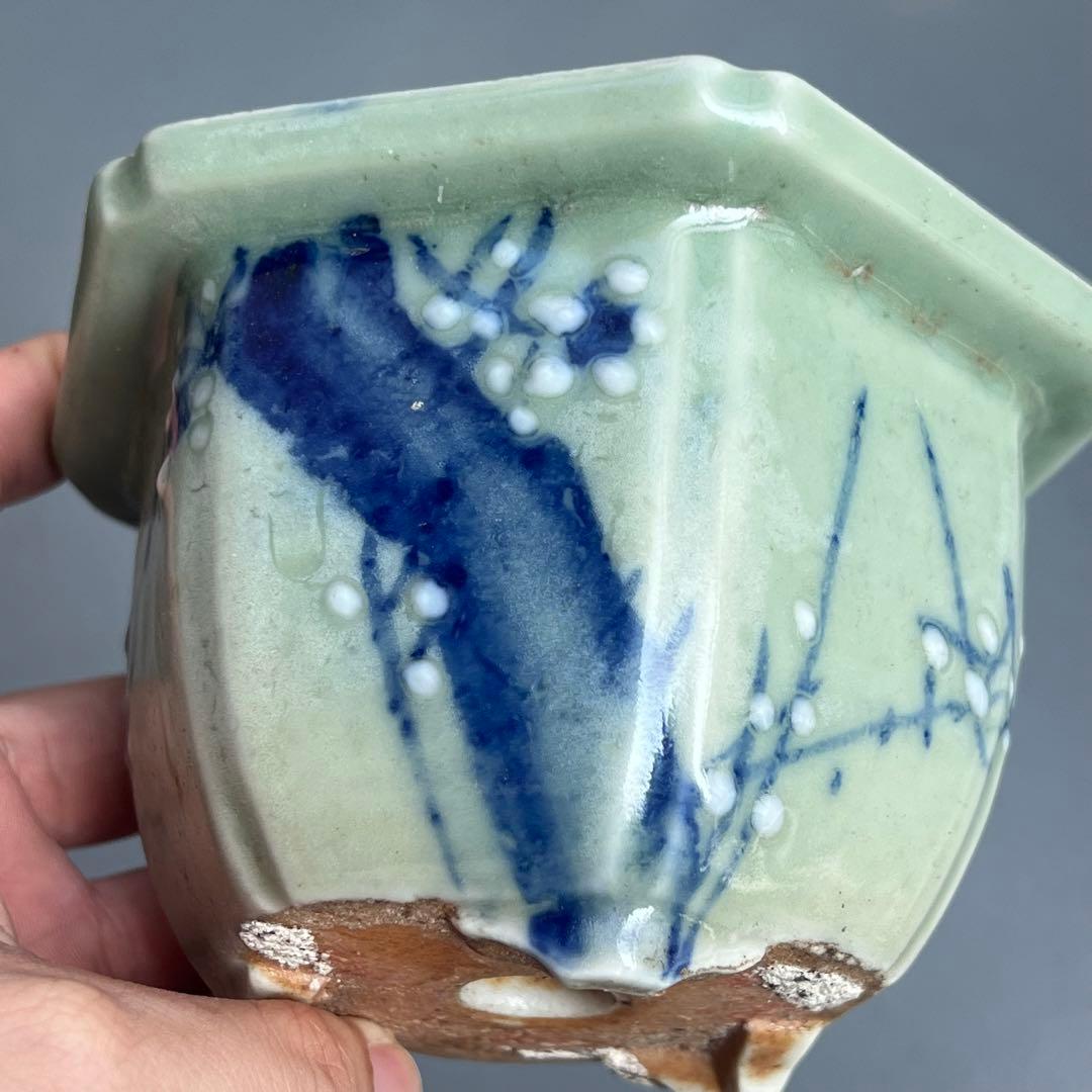 813.尾張焼 青瓷染付六角鉢 盆栽鉢 植木鉢 13.2*11.6*8.1cm