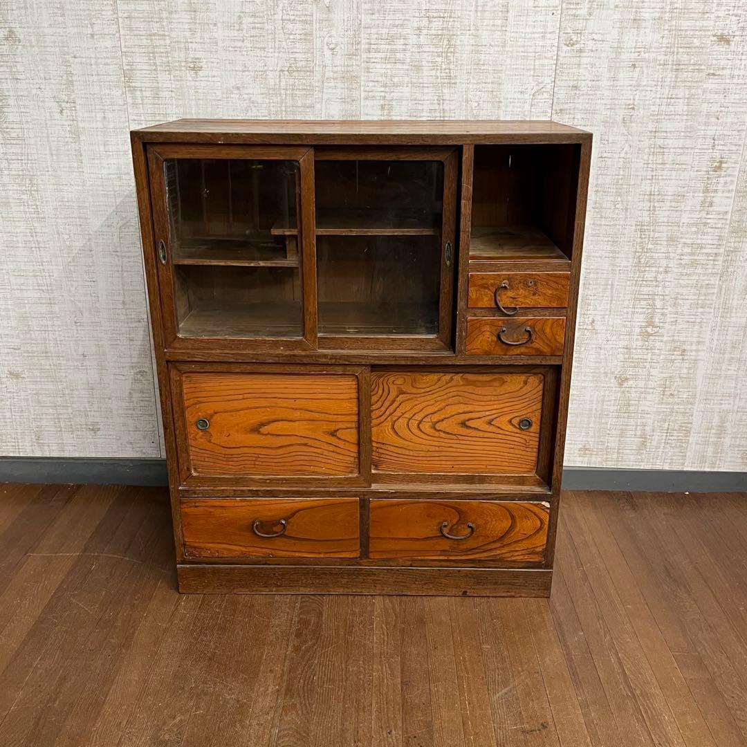 アンティーク】昭和レトロ 木製 水屋箪笥 小箪笥 引き戸 古民家 古家具