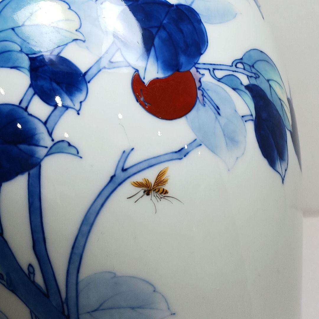 Y3122-8 深川製 染付色絵 柿図 花瓶 高さ28㎝　　ten