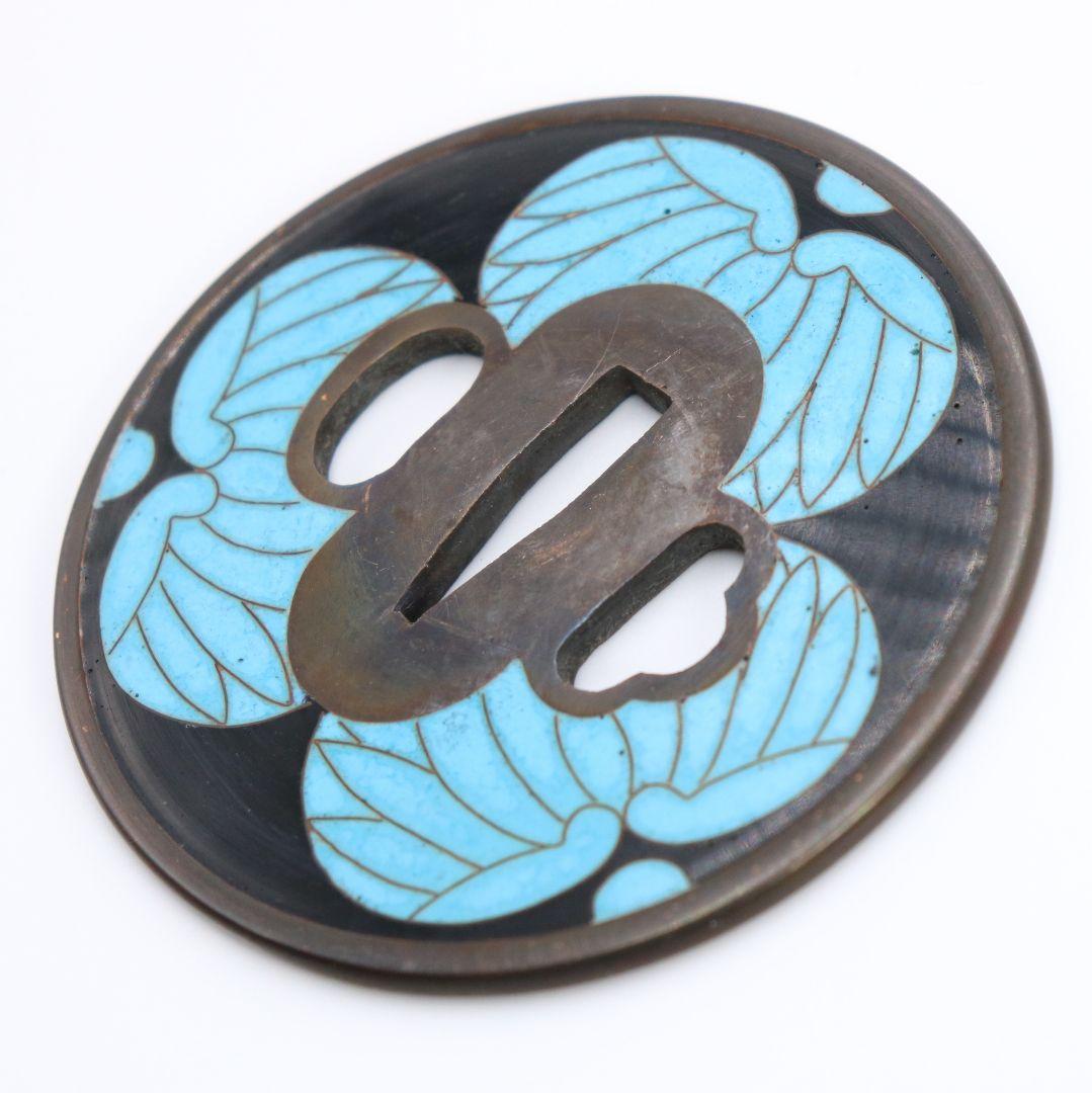 銅製七宝三つ葉葵文鐔　刀装具 一對 桐箱付　V107　1F28