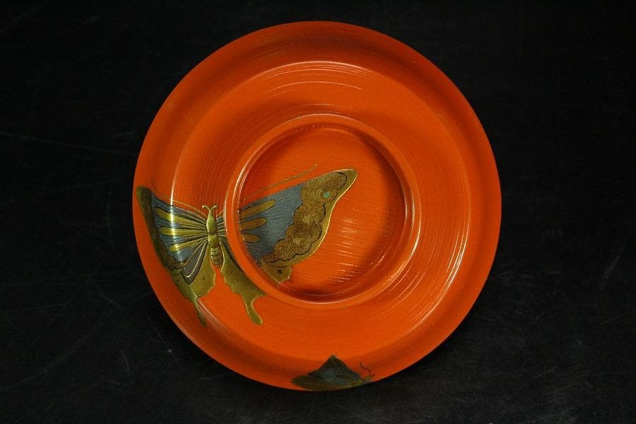 京都 象彦 造 群蝶蒔絵 朱刷毛目 小吸物椀 五客 共箱 美品(K-XA804