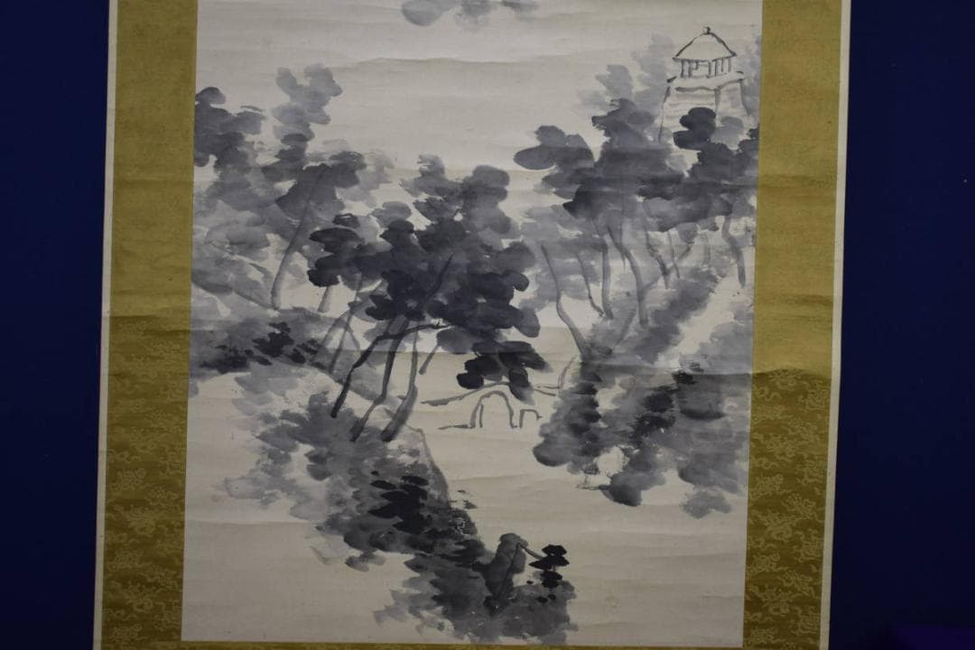 真作/日根対山/山水画賛/絹表装/桐共箱付/布袋屋掛軸HG-324