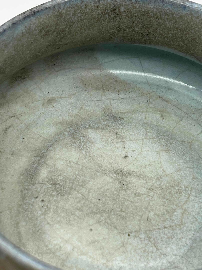 元時代 鈞窯 澱青月白釉鼓釘鈕羅漢洗 水丞 【