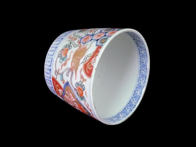 古伊万里 花に七宝紋 菊花四方襷紋に鳳凰の図 蕎麦猪口 E209AS-CXg