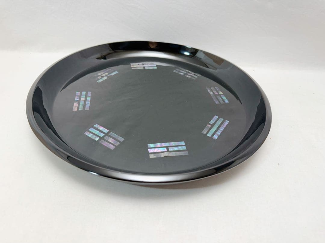 ほぼ未使用 茶道具 木製黒塗 螺鈿細工 青貝 八卦盆 元箱