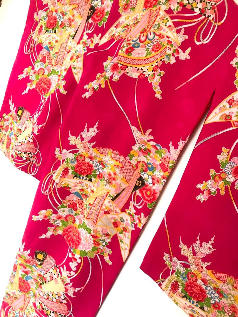 正絹 アンティーク着物 女の子 七五三 ◇檜扇 折鶴 まり 古典柄