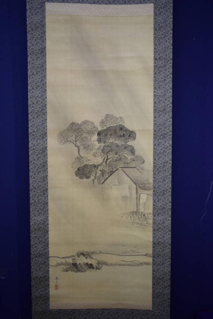 岡本豊彦/山水小屋図/雨中水辺図/布袋屋掛軸HJ-533｜岡本豊彦/