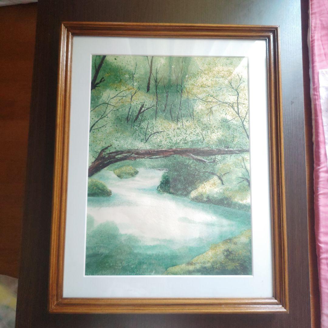 宝石画・貴石画】花瓶の花【東商・刻印付き】 一点物・油絵】渓谷で投網