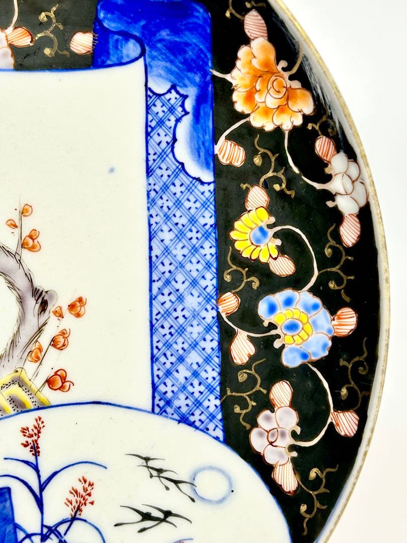 香蘭社 明治初期 染錦褐地花鳥文八寸皿 伊万里 有田