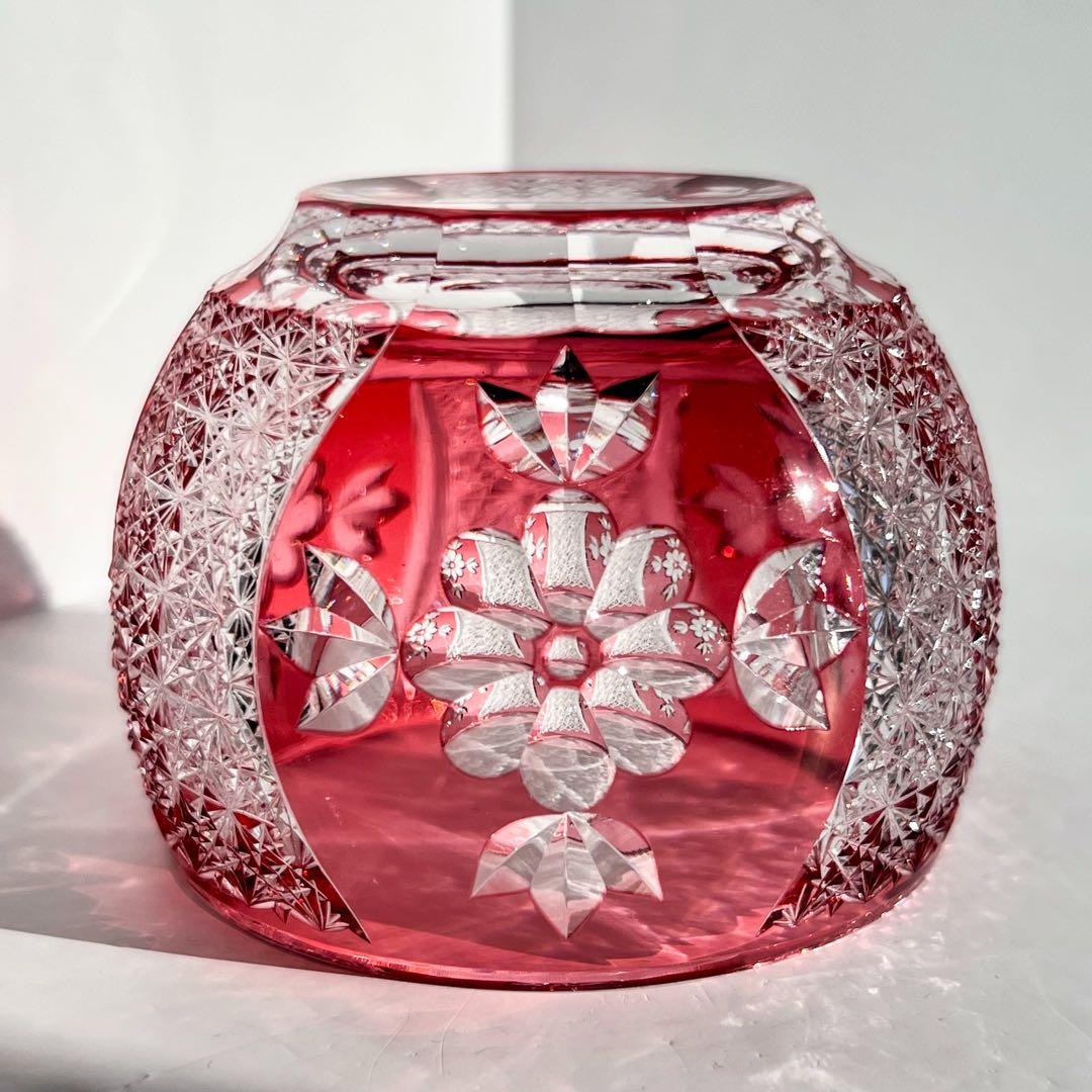 KAGAMI CRYSTAL 伝統工芸士 篠崎清一 江戸切子 【金赤被切子蓋物】