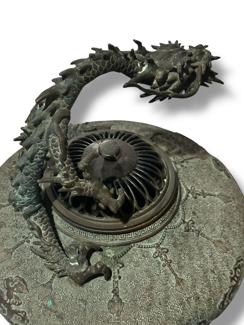 名工 米田秀保造 銅製 立龍提手 三足香炉 高岡銅器