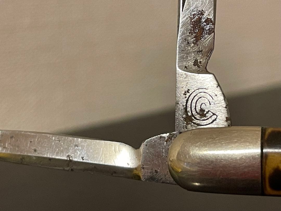 アンティークナイフ　カントンカトラリー社　3ブレイド　写真付きセルロイドハンドル