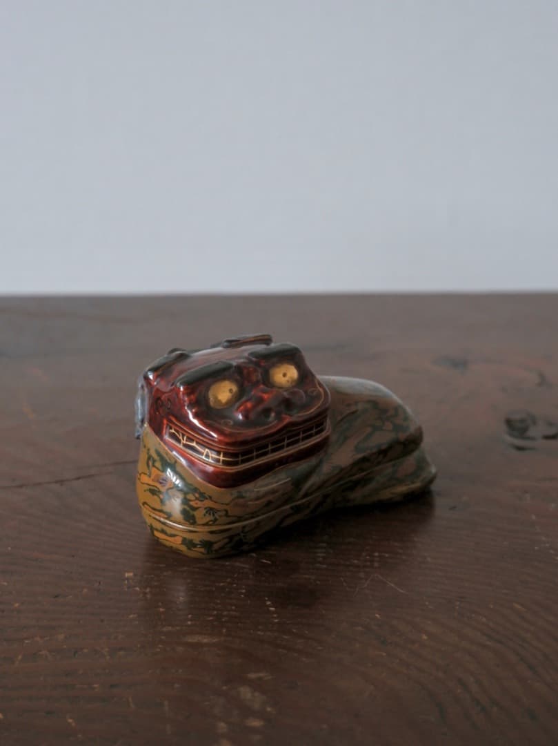 獅子香合　平安塗師　漆工芸　茶道具　香道具　珍しい　箱付　古道具　Q1290