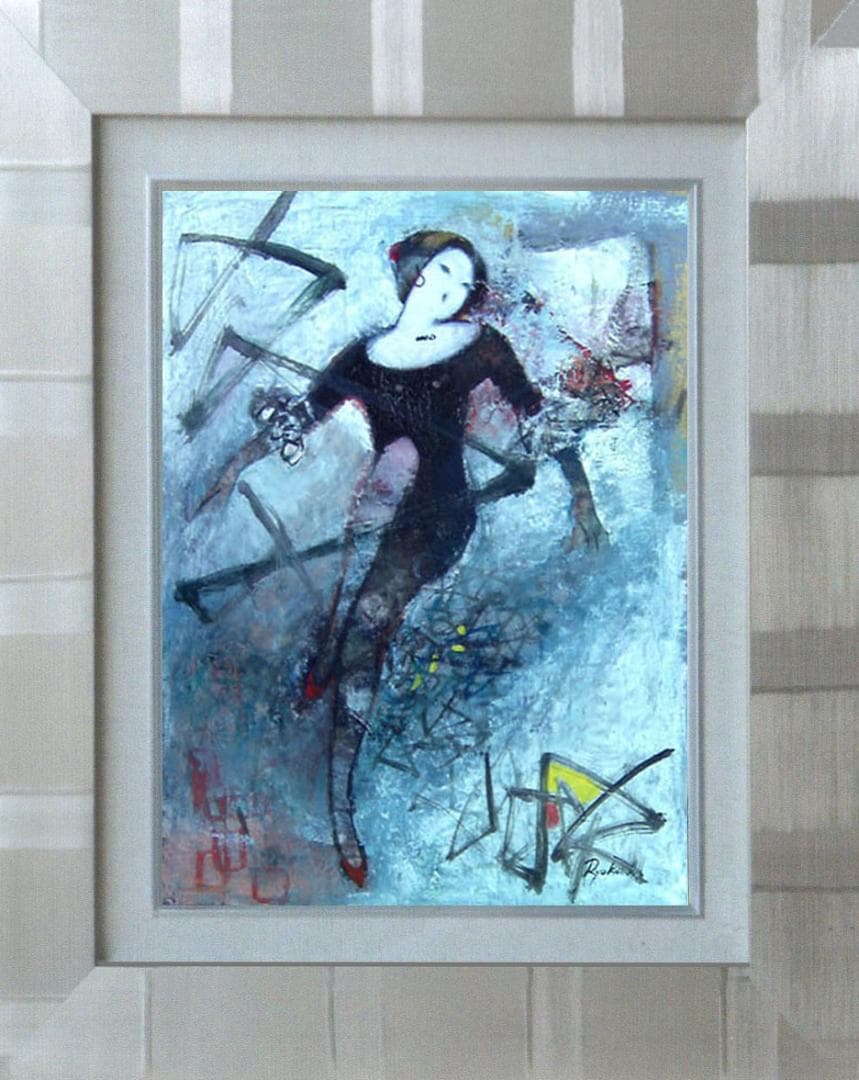 油絵 菅家令子 絵 絵画インテリア額付(青緑＋金色の枠) F6-212023