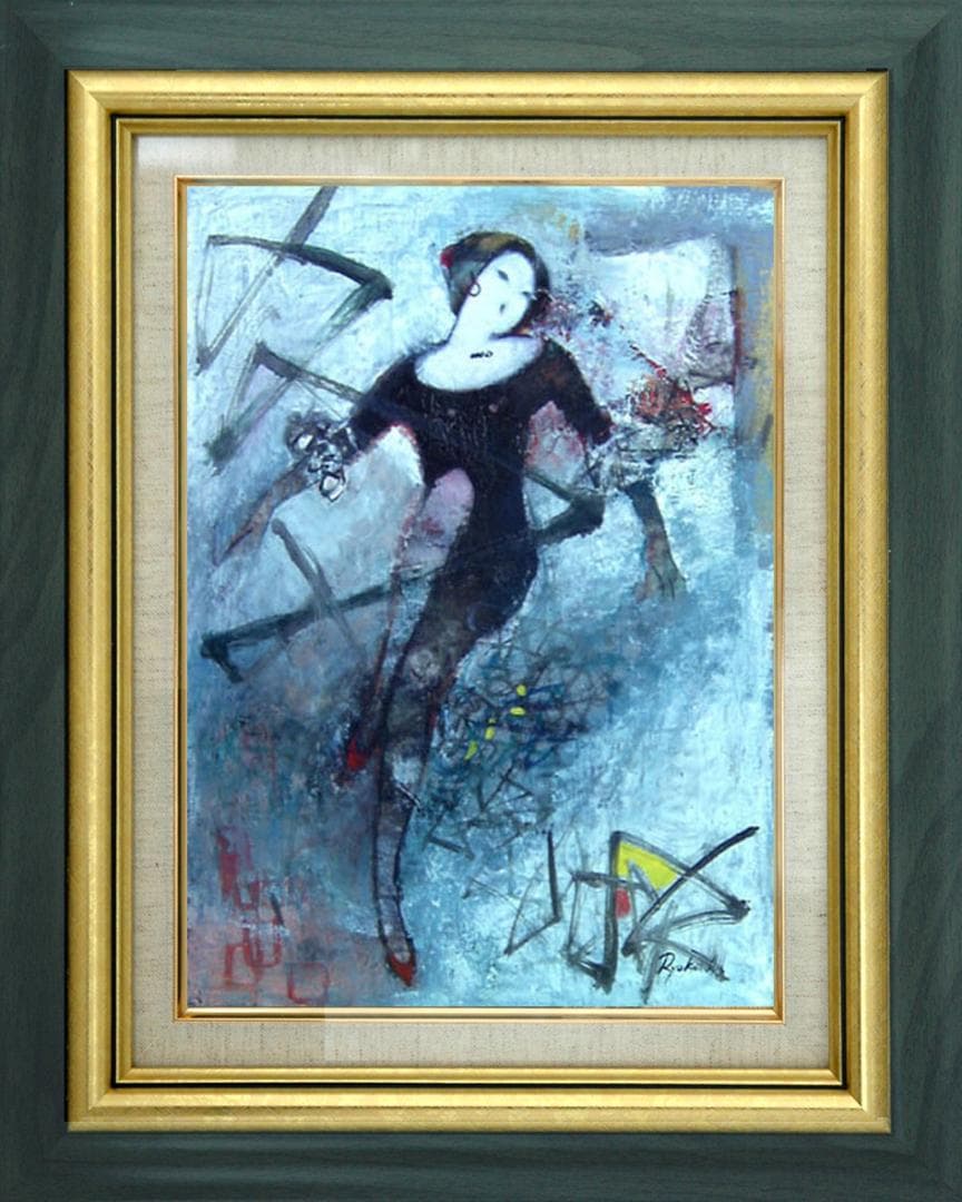 油絵 菅家令子 絵 絵画インテリア額付(青緑＋金色の枠) F6-212023