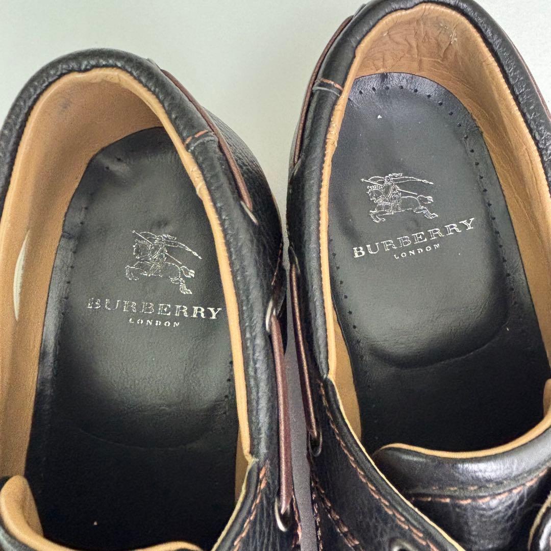 バーバリーロンドン デッキシューズ ネイビー レザー シボ革