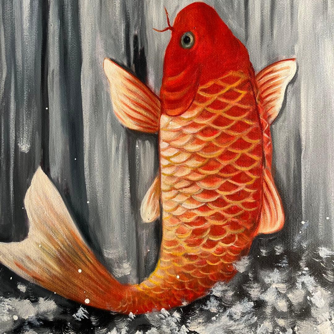☆大型絵画☆手書き油絵 鯉の滝登り 額付 絵画 インテリア 開運 金