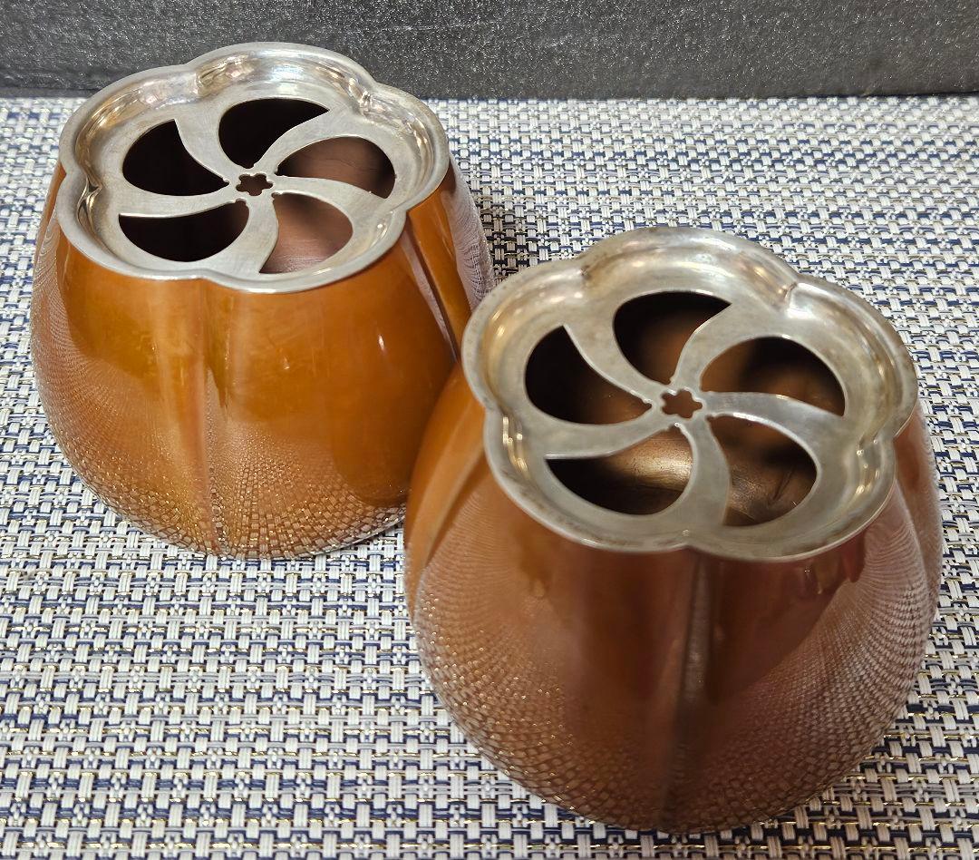 銀座 山崎商店謹製　赤銅　阿古陀香炉　一対　 共箱　茶道具　香道具　透かし蓋附属