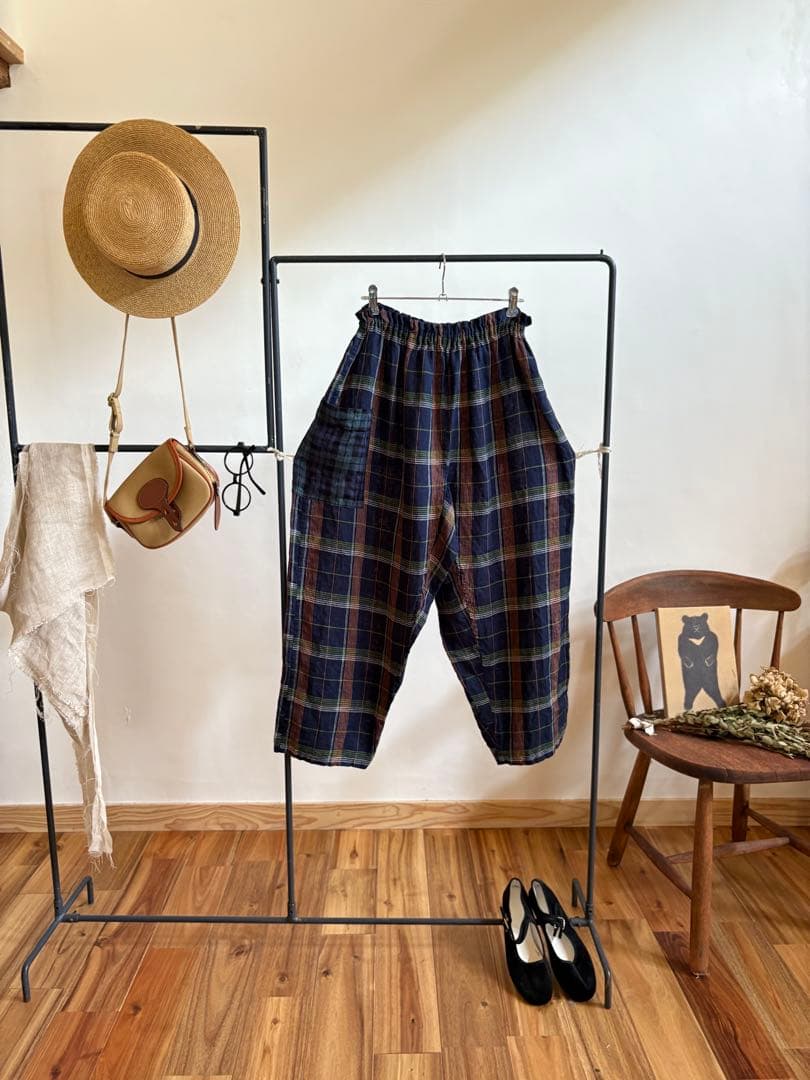 洗いざらしのマドラスチェックlinen リラックスもんぺ