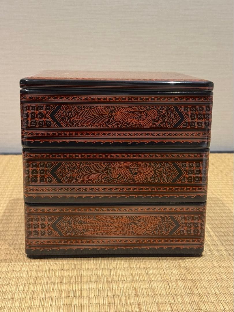 讃岐漆器 筒井隆之 造 蒟醤塗 三段重箱 伝統工芸 讃岐 香川漆器 茶懐石道具