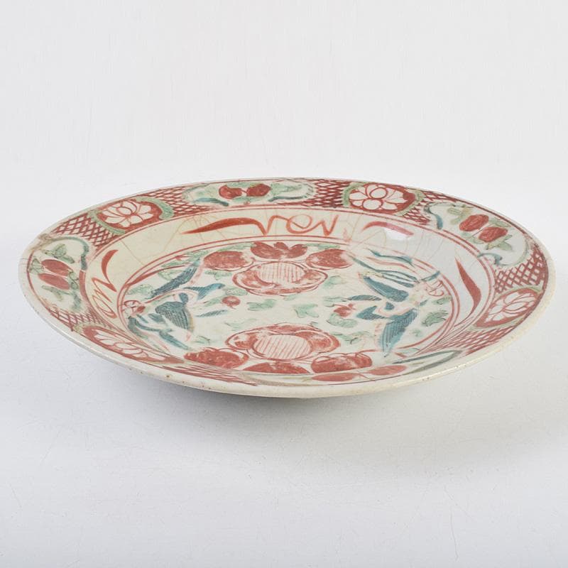 中国 17世紀 インドネシア出土 明代 呉須赤手 皿 時代箱付 M R9312