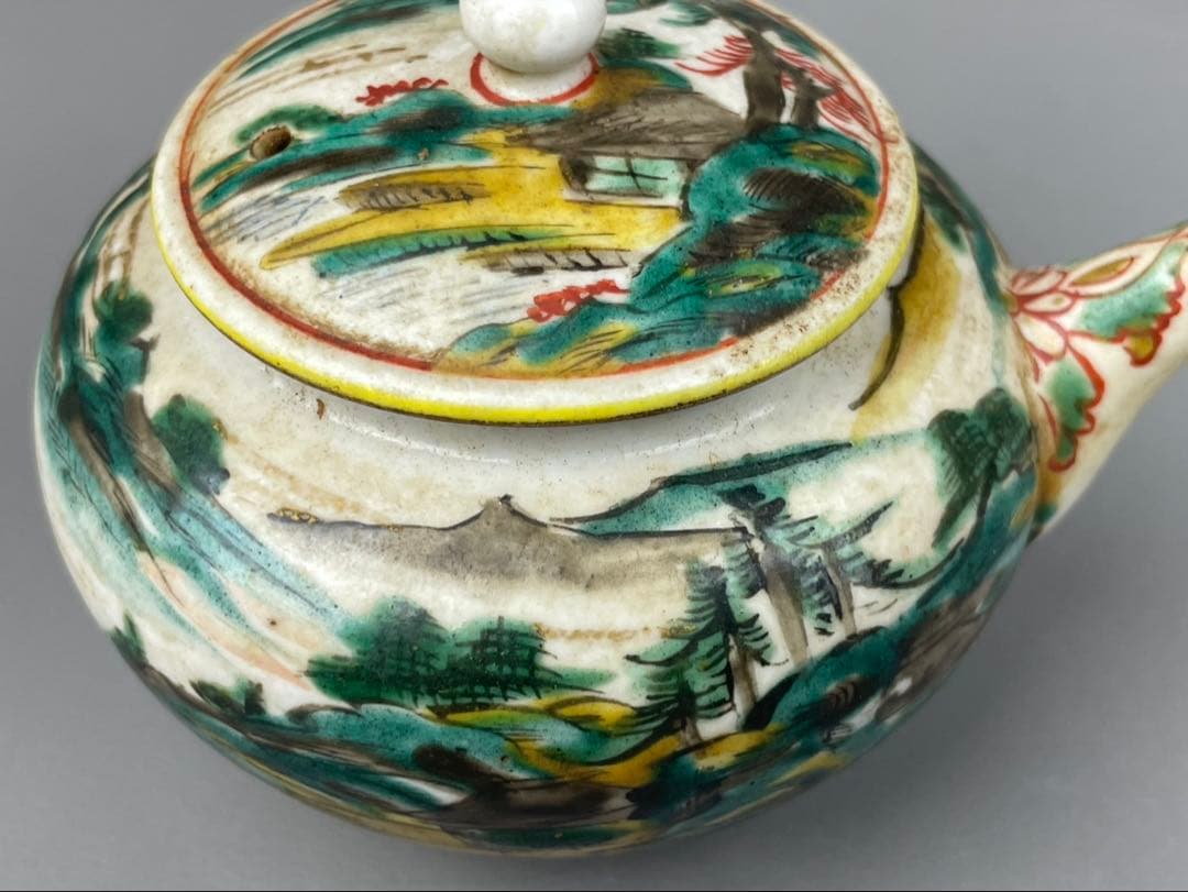 江戸期 古九谷 急須 湯呑み 3客 山水図 九谷焼 時代物 陶器 色絵